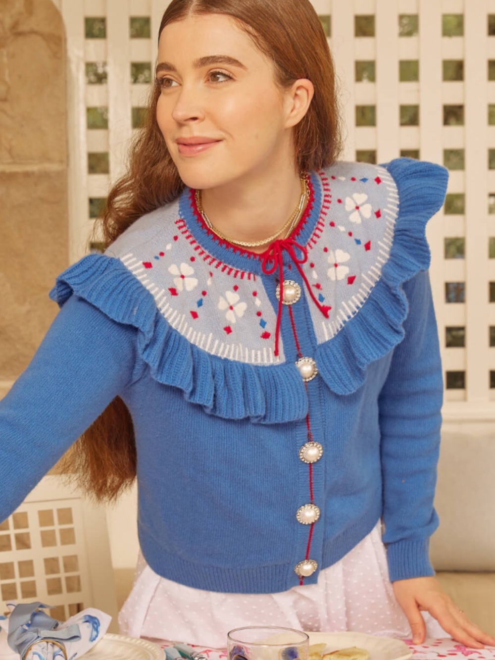 Hill House Blue Ruffle Yoke Floral Cardigan